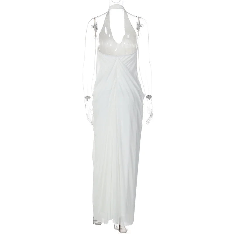 Mozision Mesh Halter Backless Sexy Maxi Dress Women Gown Fashion Elegant V Neck Sleeveless Pleated Club Party Long Dresses