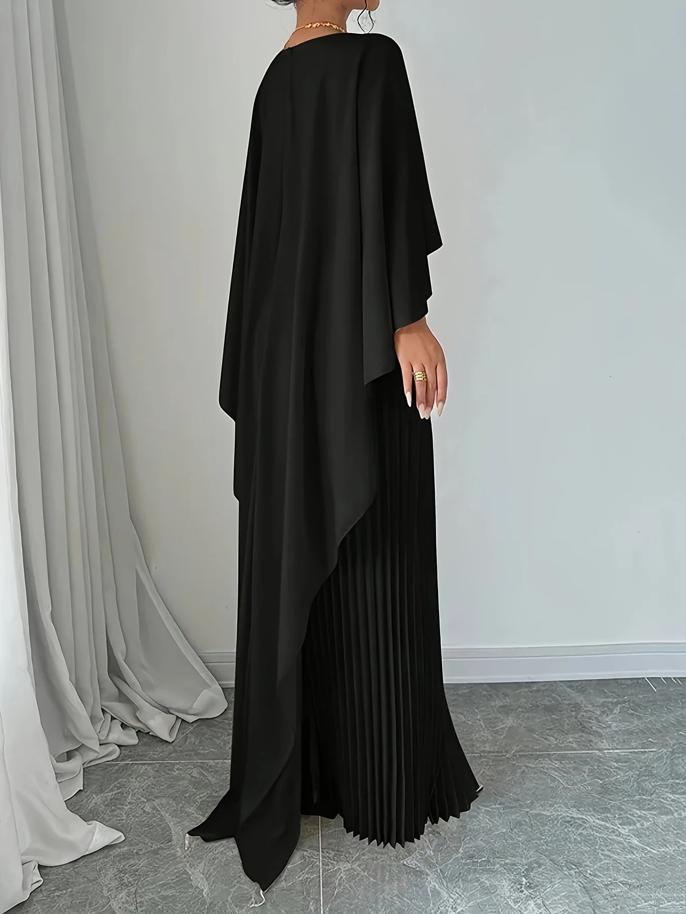 Women's Fashion Loose Bat Sleeve Long Dress | Elegant Spring Summer Curling Irregular Dress | Minimalist O-Neck Seven-Inch Sleeve Gown | Premium Acetate Slight Stretch Casual Floor-Length Vestido Luxegan