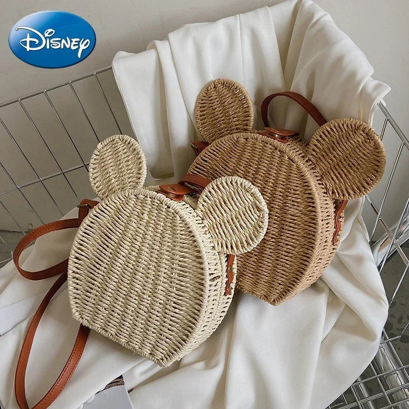 Disney Ladies Designer Straw Fancy Bag | Cute Mickey Mouse Rattan Travel Beach Shoulder Bag | Small Round Vacation Handbag Luxegan