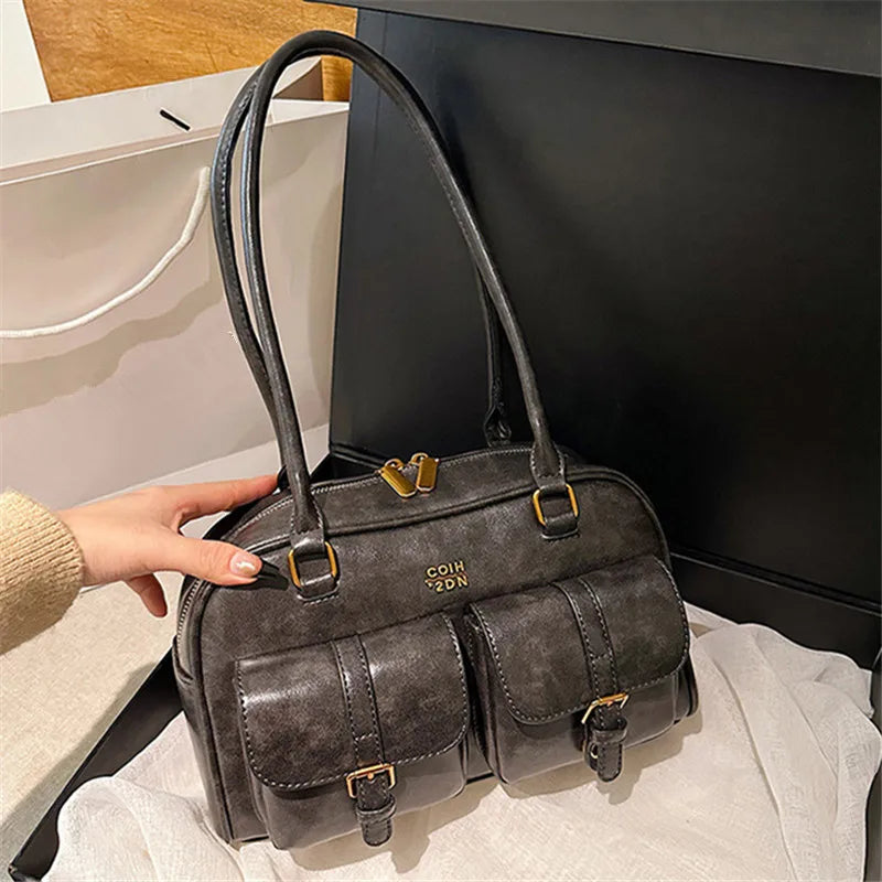Women’s Coffee Brown Multi-Pocket Handbag | Stylish Versatile Letter Crossbody Purse | Vintage PU Leather Shoulder Bag with Sequined Detail | Large Capacity Daily Tote for Travel & Work Luxegan