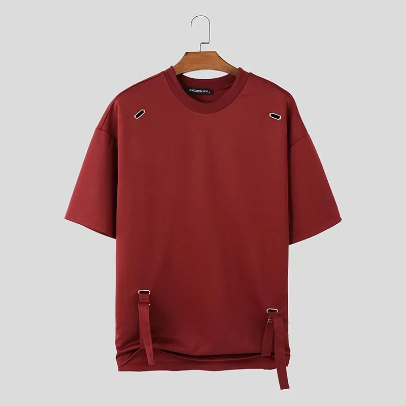 Loose Metal Design Strap T-Shirt | Sophisticated O-Neck Half-Sleeve Silhouette | Elegant "City Walk" Casual Camiseta | "Dignified" Solid Broadcloth Top for Radiant Versatile Styling Luxegan