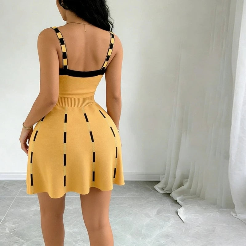 Button-Front Knit Sweater Dress | Contrast Strap V-Neck Sleeveless Skater Gown | Sexy Striped High Stretch Slim Fit A-Line Mini Sundress | Premium Knitting Cotton Luxegan