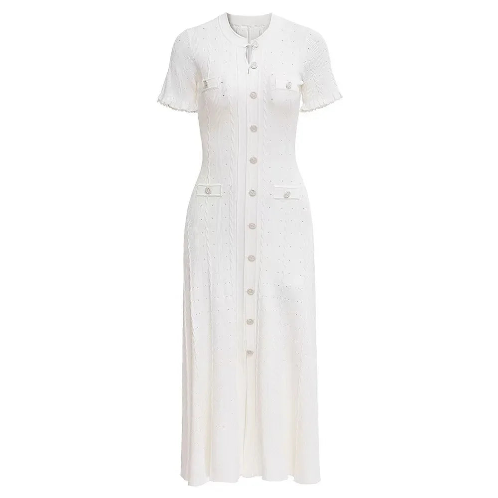 French Style Knitted Long Dress round Neck Hollow out Wooden Edge Skirt Elegant Autumn Luxury Women's Fashion One Piece Dress