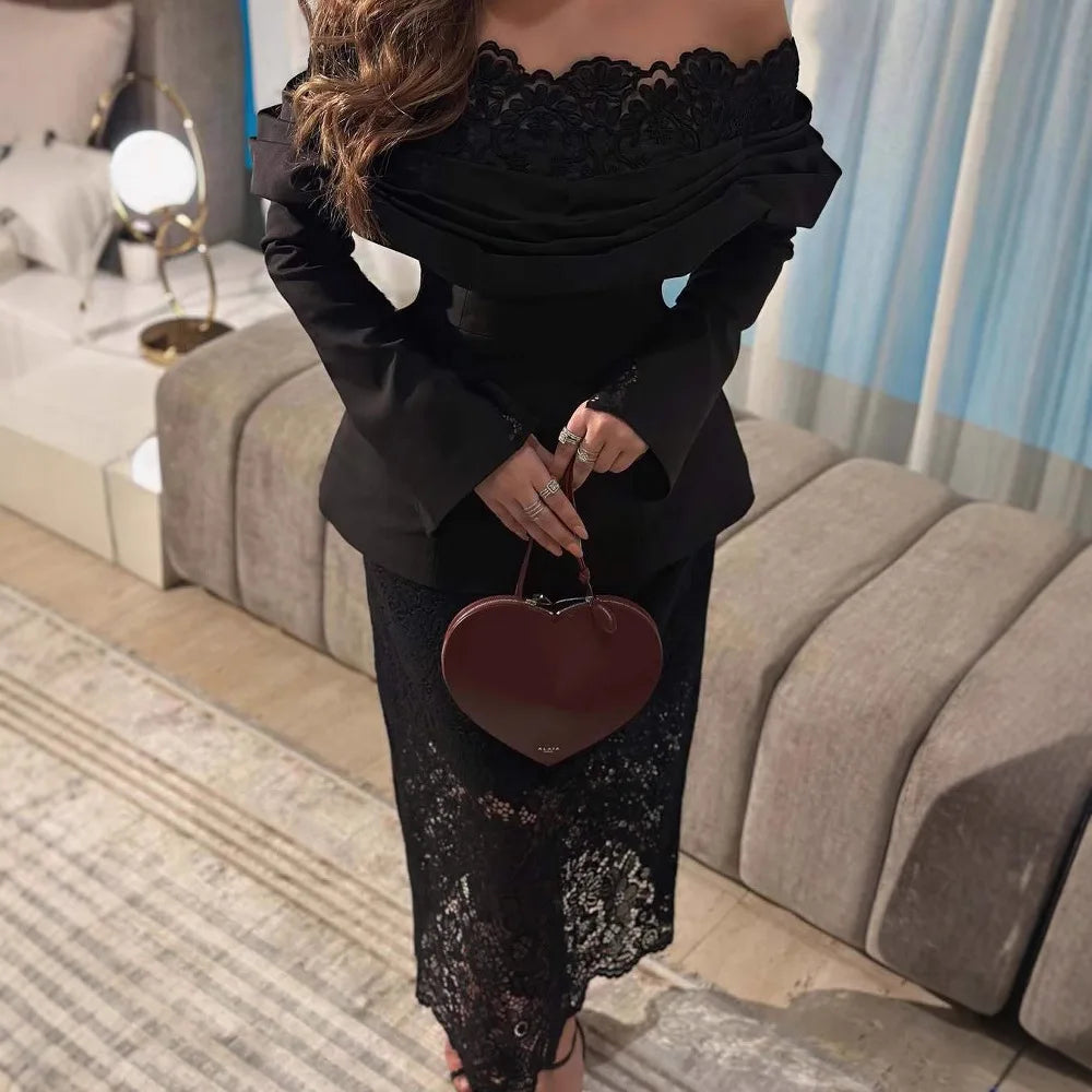 Lace-Trim Slash Neck Sheath Maxi Dress | Long Sleeve Slim Fit Ceremonial Dress Luxegan