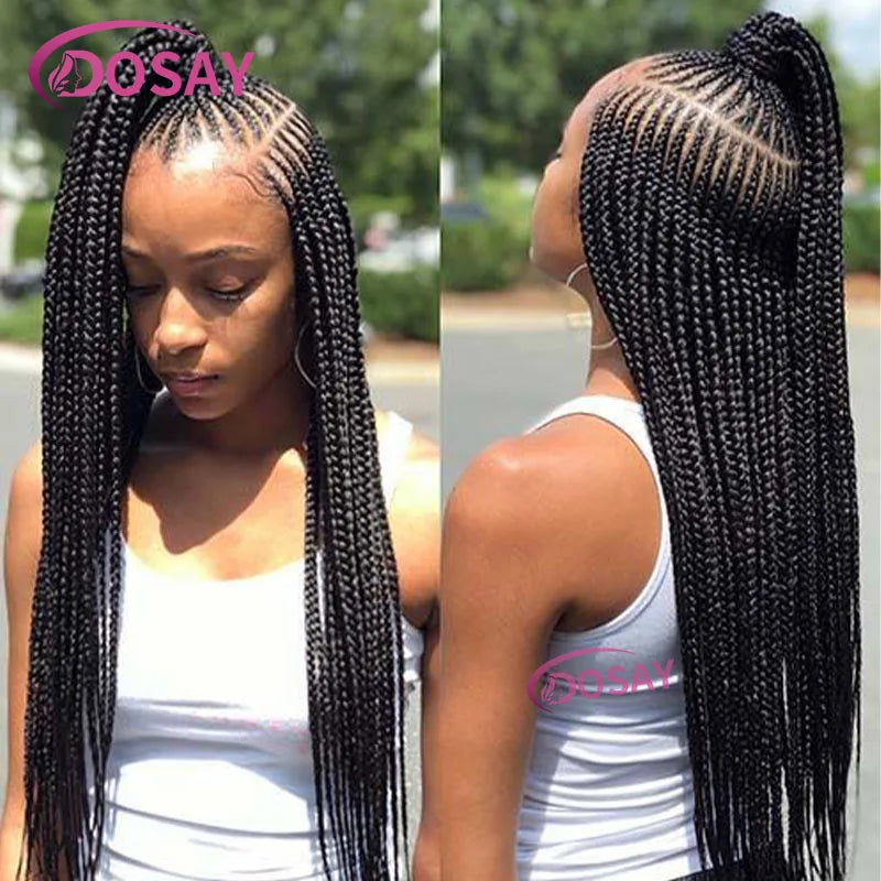 Synthetic Full Lace Front Wig Cornrow Double Braided Wigs For Black Women Box Side Part Braided Lace Wig Faux Locs Braids Wigs Luxegan
