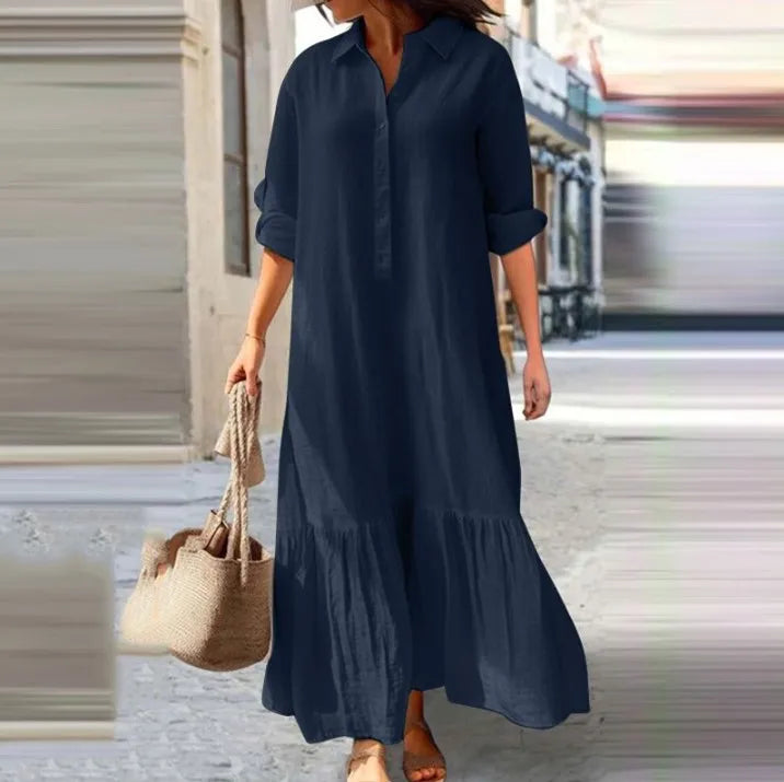 Women's Solid Cotton Hemp Casual Robe Dress | Shirt Collar Twisted Buckle Maxi Dress | Full-Sleeve Loose-Fit A-Line Spring Summer Streetwear Luxegan