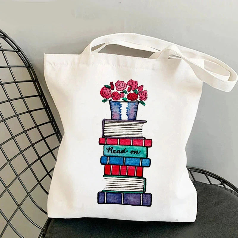 Flowery Books Printed Canvas Tote Bag | Retro Large Capacity Eco-friendly Shopping Bag | Unisex Student Schoolbag Shoulder Bag Luxegan