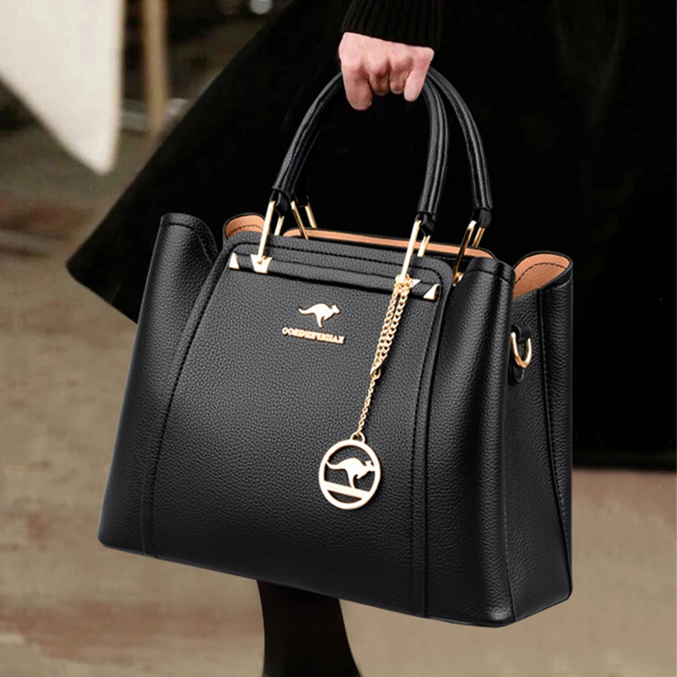 Luxury Women’s Designer 3-Layer Shoulder Bag | Large Capacity Microfiber Leather Crossbody | Sophisticated Shopper Tote with Kangaroo Logo & Pendant | Fashion-Forward Multi-Compartment Messenger Luxegan
