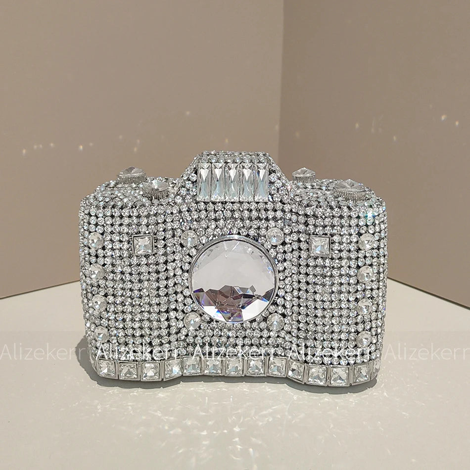 Camera-Shaped Boutique Evening Clutch | Sophisticated Novelty Metallic Rhinestone Purse | Elegant Diamond-Encrusted Bridal Handbag | "Dignified" Hard-Shell Dress Bag for Versatile Party Styling Luxegan