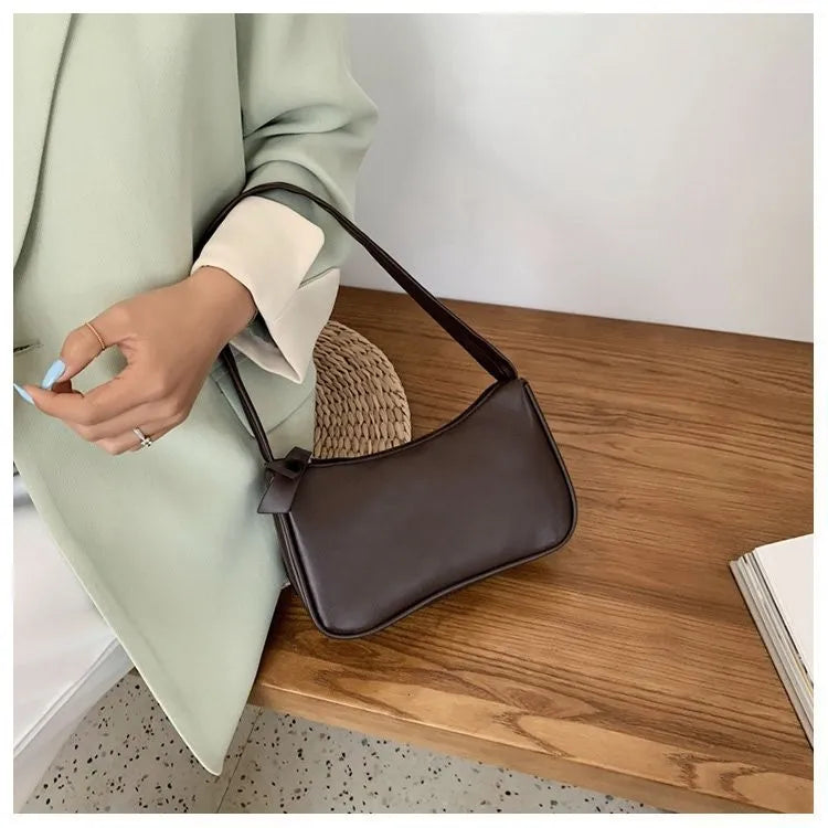 Retro Forearm Bag for Women | PU Leather Bow Handbag & Baguette Shoulder Bag (Western Style Underarm Bag, Casual Tote) Luxegan