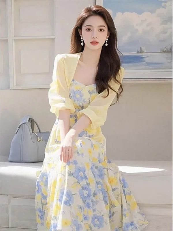 Summer Large Size Women's Faionable Sun Protection Open Cardigan Top Waist Cinching Floral Dr Gentle Wind Two-Piece Set