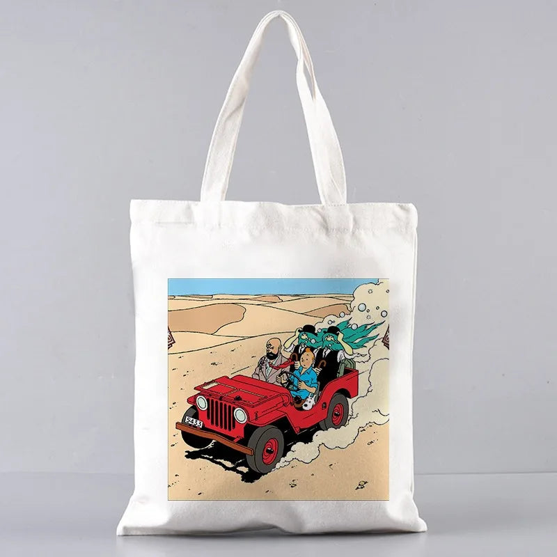Soft Tintin Cartoon Canvas Large Capacity Tote | Open-Top Shopping Bag Luxegan