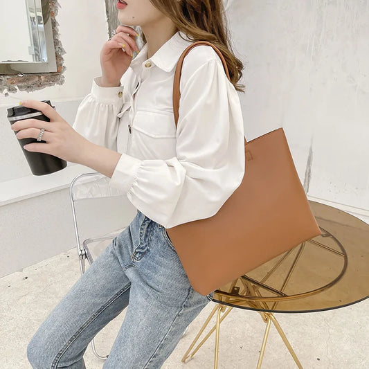 Fashion Large Capacity Commuter Tote | Sophisticated Simple Women’s Handbag | Elegant All-in-One Shoulder Bag | Luxury Solid Color PU Leather Square Bag with "Dignified" Structured Frame Luxegan
