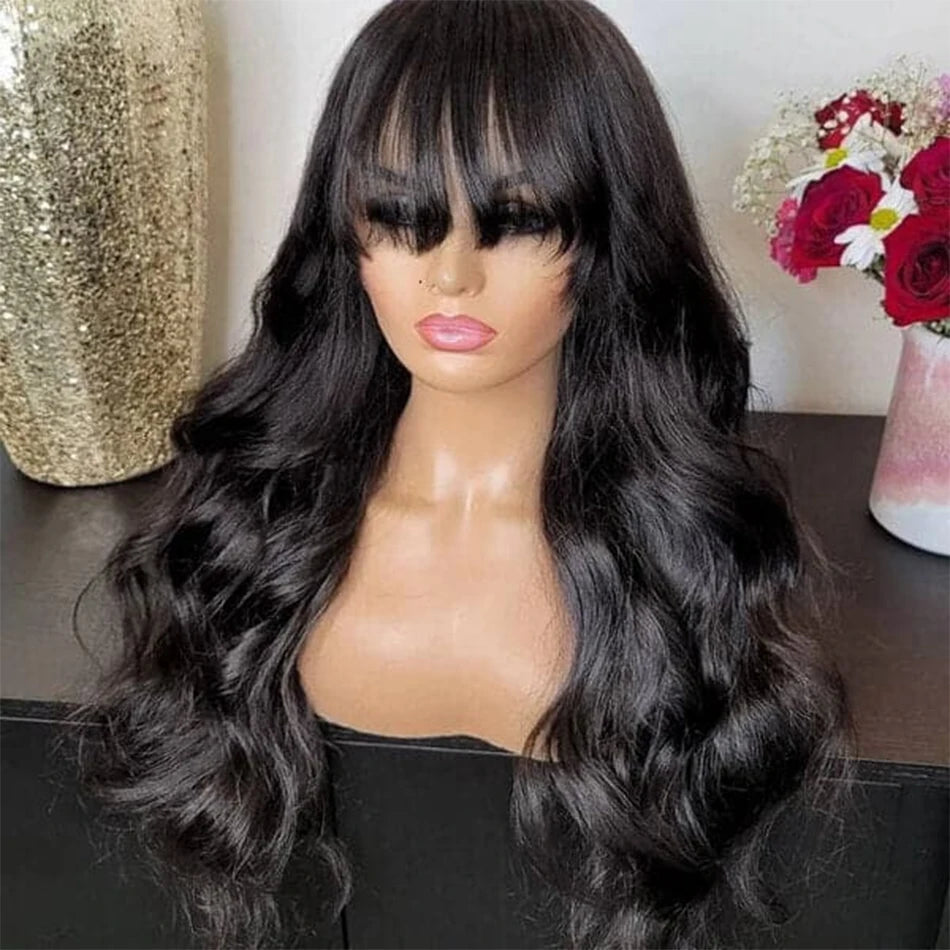 12A Grade Body Wave Human Hair Wig with Bangs | 100% Peruvian Remy Human Hair Glueless Wig | Fully Machine-Made High-Density Body Wave Wig for Women Luxegan