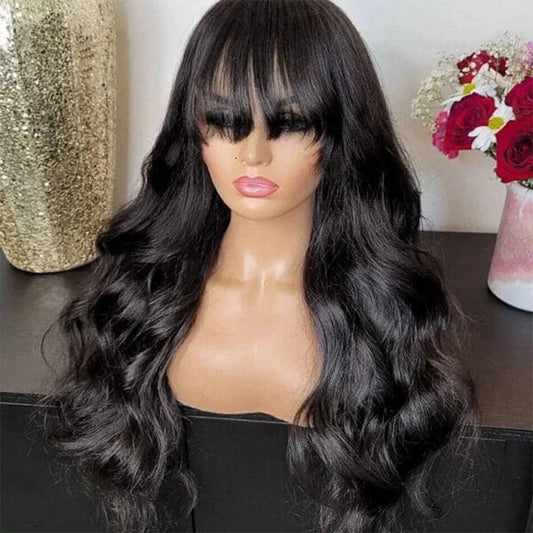 12A Grade Body Wave Human Hair Wig with Bangs | 100% Peruvian Remy Human Hair Glueless Wig | Fully Machine-Made High-Density Body Wave Wig for Women Luxegan