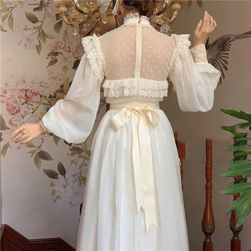 Vintage Cottage Chiffon Gatsby Dress Fairy Woman Chic Romantic Lace Lantern Sleeve Retro Princess Dresses Vestido Festa Faldas