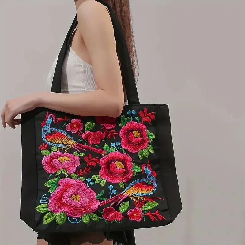 Ethnic Style Flower Embroidery Canvas Tote | Shoulder Bag & Large Capacity Handbag Luxegan