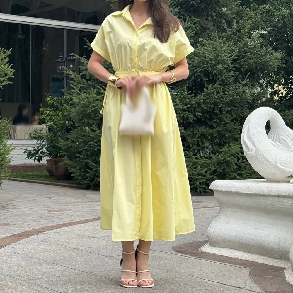 Sash Draped A-Line Evening Gown | V-Neck Short Sleeve Tea-Length Prom Dress Luxegan