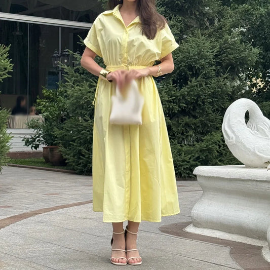 Sash Draped A-Line Evening Gown | V-Neck Short Sleeve Tea-Length Prom Dress Luxegan