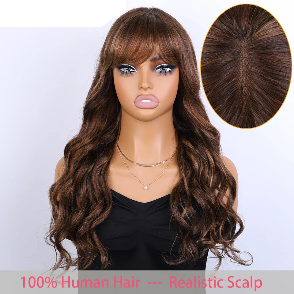 Natural Color 24" Body Wave Wig with Bangs | 180% Density Remy Human Hair Middle Part Lace Luxegan