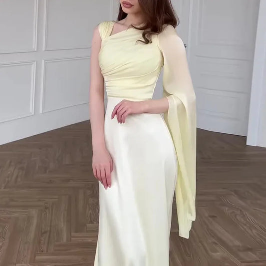One-Shoulder Hollow Out Satin Spliced Maxi Dress | Long Sleeve Asymmetric Sheath Elegant Party Dress uxegan