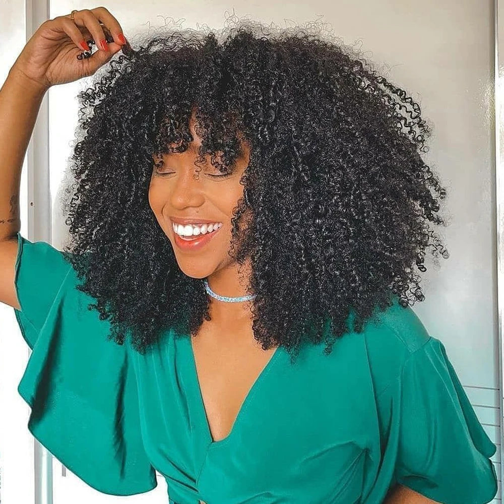 Short Afro Kinky Curly Human Hair Wig with Bangs - Full Machine-Made Glueless Funmi Curly Wig - 100% Brazilian Remy Human Hair Natural Black Afro Wig for Black Women Luxegan