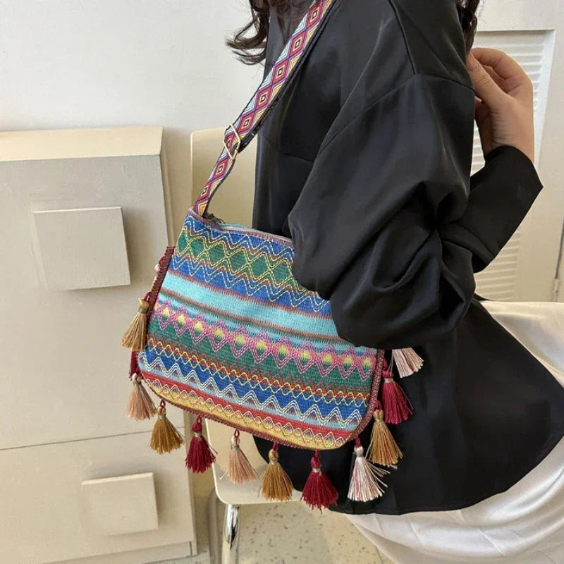 Vintage Tassel Ethnic Crossbody | Sophisticated Handwoven-Look Shoulder Bag | Elegant "National" Style Hippie Sling | "Dignified" Soft Square Handbag for Versatile Bohemian Flair Luxegan