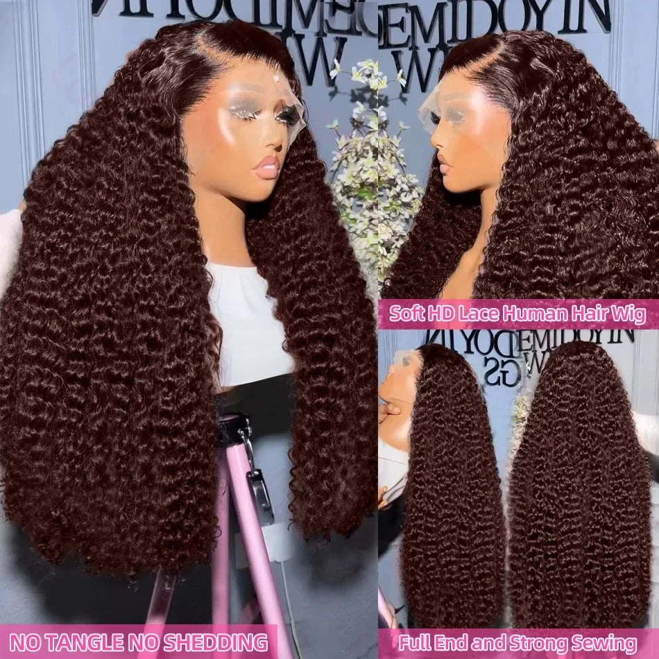 24-Inch Deep Curly Chocolate Brown HD Lace Wig | Sophisticated 13x6 & 13x4 Transparent Frontal | Elegant "Brazilian Remy" 4# Colored Silhouette | "Dignified" Water Wave Human Hair for Radiant Versatile Styling Luxegan