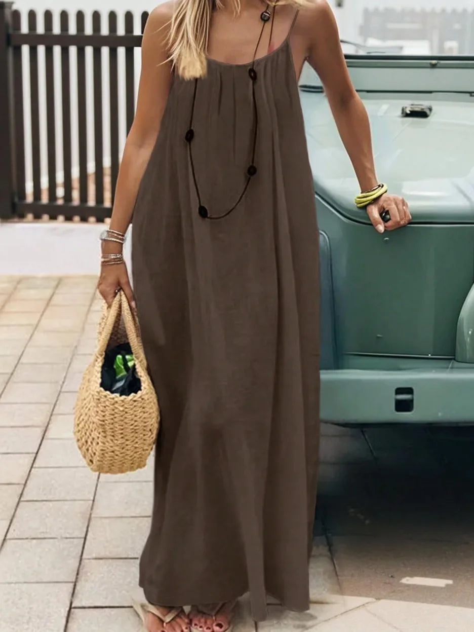 Ladies Loose H-Line Long Gown Nightwear | Comfortable Polyester Sleeveless Strap Home Clothing | Casual V-Neck Solid Color Lounge Dress | Elegant Ankle-Length Summer Beach Style Sleepwear Luxegan