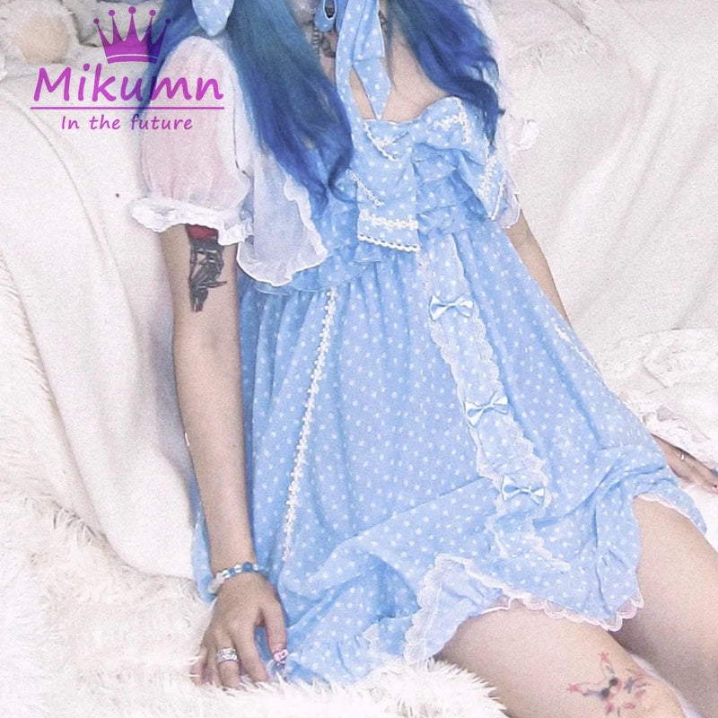 Polka Dot Bow Spaghetti Strap A-Line Mini Dress | Y2K Harajuku Kawaii Gothic Japanese Summer Dress Luxegan