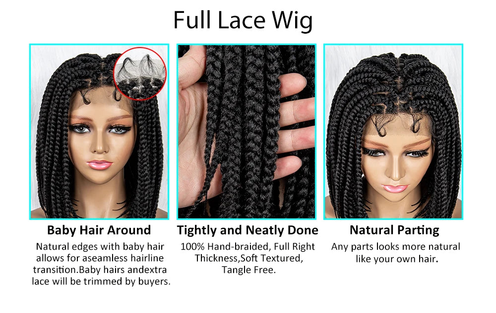 Pelucas trenzadas Bob para mujeres negras Peluca de encaje completo con trenzas estilo cornrow Peluca sintética de encaje frontal con trenzas de caja sin nudos con cabello de bebé
