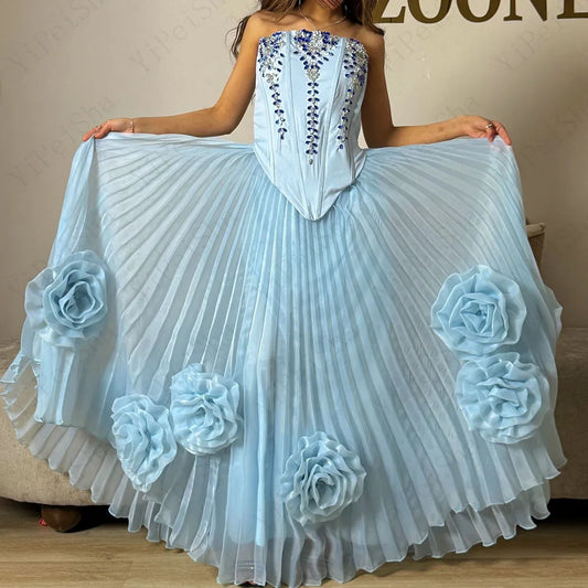 Crystal Floral Beaded A-Line Prom Gown | Strapless Sleeveless Floor-Length Evening Dress Luxegan