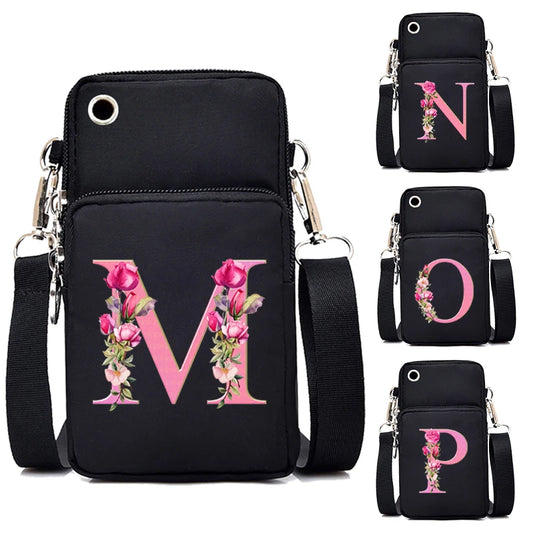 Pink Sakura Letter Series Crossbody Bag | Custom 26 Alphabet A-Z Cellphone Purse | Sophisticated Y2K Fashion Portable Bag | Minimalist Nylon Small Shoulder Wallet (Model 858-XXZZalph5682) Luxegan
