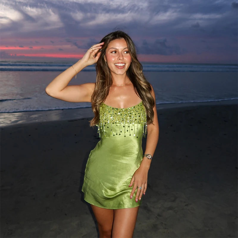 Women's Luxury Sequin Tassel Beach Mini Dress | Elegant Satin Spaghetti Strap Party Gown | Fashionable Square Neck Club Short Skirt | Premium Medium Stretch Camisole Summer Vacation Vestido Luxegan