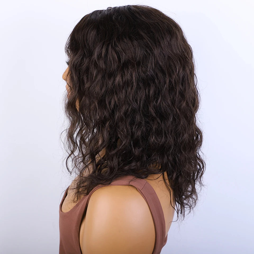 Glueless Short Curly Bob Wig with Fringe Bangs | Honey Brown Mixed Blonde Highlight Water Wave Wig | 100% Brazilian Remy Human Hair Side-Part Pre-Plucked Fluffy Curly Wig for Women Luxegan
