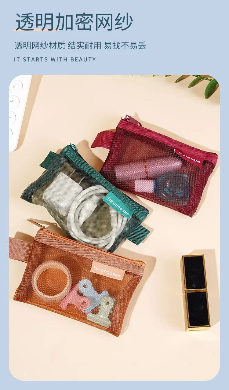Pequeño Bolso Cuadrado de Color Sólido para Monedas, Organizador de Nylon de Malla para Pintalabios, Llaves, Auriculares, Tarjetero de Bus, Banco, Identificación, Tarjetas de Crédito, Estuche de Almacenamiento