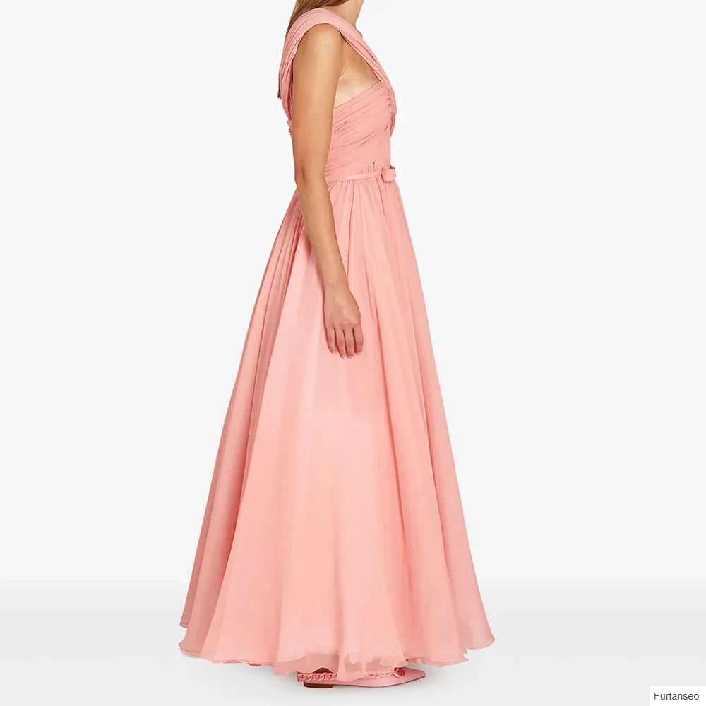 Pleat Bow Draped Backless V-Neck Sleeveless Ankle-Length A-Line Evening Gown Luxegan