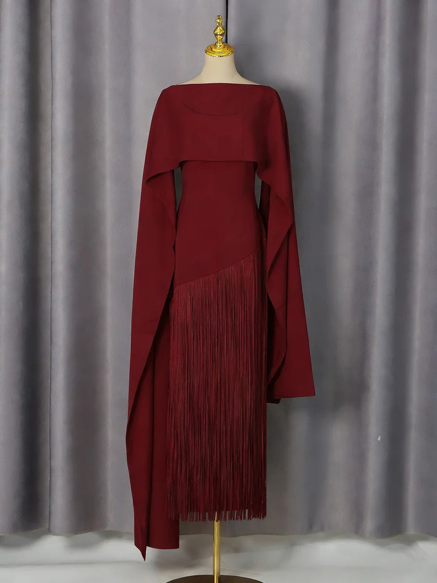 Solid Loose Spliced Tassel Chic Dress for Women | Luxury Elegant O-Neck Summer Maxi Dress | Premium Slight-Stretch Regular Fit Vestido | Model KDRP540319 Sleeveless Ankle-Length A-Line Gown Luxegan