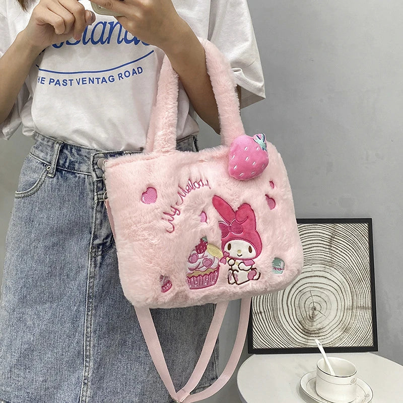 Kawaii Hello Kitty Plush Shoulder Bag | My Melody Cinnamoroll Kuromi Cute Cartoon Anime Handbag (Soft Storage Bag for Women & Girls) Luxegan