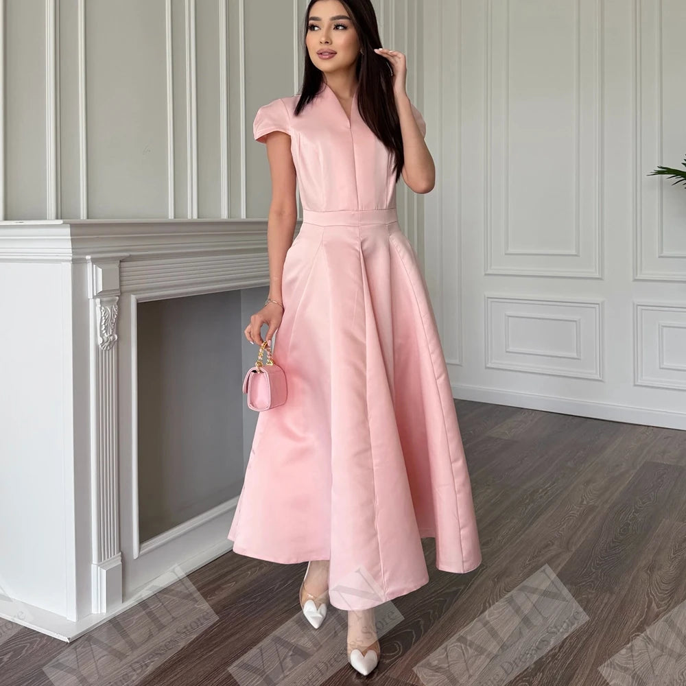 Draped A-Line Evening Gown | V-Neck Sleeveless Tea-Length Prom Dress Luxegan
