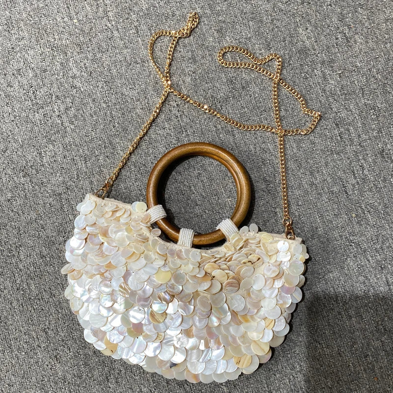 Small Shell Evening Bags for Women | Luxury Designer Handbag Purses & New Canvas Inlaid Acrylic Wooden Handle Chain Shoulder Bag Luxegab