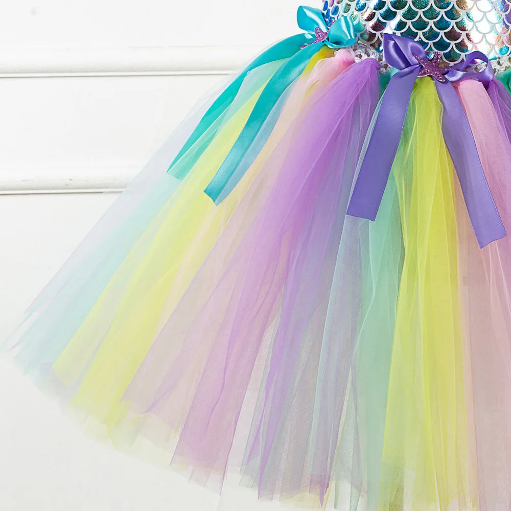 Kids Girls Cosplay Party Dress Princess Dress Up Mermaid Tulle Tutu Dresses Theme Birthday Party Costume with Flower Headband