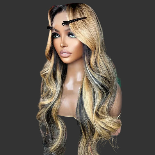 Honey Blonde Highlight Body Wave Lace Frontal Wig | Sophisticated 13x6 Transparent Lace | Elegant "Brazilian Remy" 26+ Inch Length | "Dignified" Pre-Plucked Human Hair for Radiant Versatile Styling Luxegan