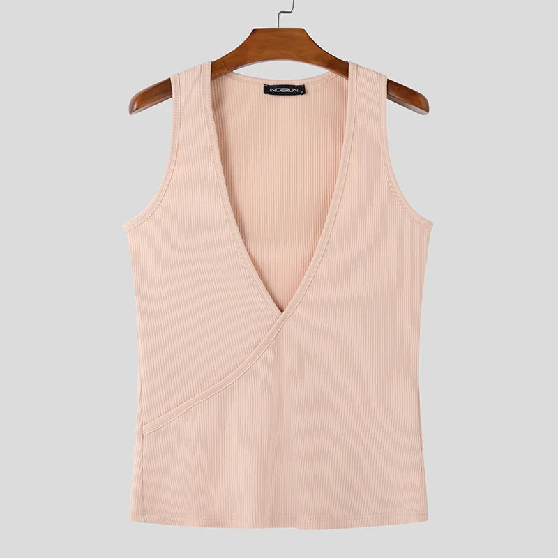 Slanted Collar Texture Deep-V Vest | Sophisticated American Style Diagonal Silhouette | Elegant "Deep-V" Summer Streetwear | "Dignified" Textured Tank Top for Radiant Versatile Styling Luxegan