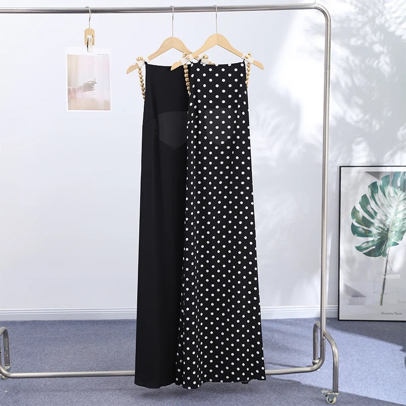 Polka Dot & Solid Asymmetrical Neckline Sleeveless Backless Slim Fit Sheath Midi Dress – Empire Waist, Spring/Summer Luxegan
