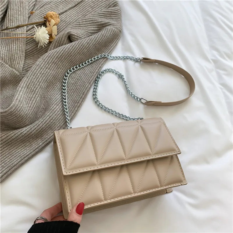 Embroidery Plaid Chain Flap Bag | Sophisticated Solid-Color Shoulder Handbag | Elegant Casual Crossbody Purse | "Dignified" Hard Square Bag for Versatile Daily Styling Luxegan