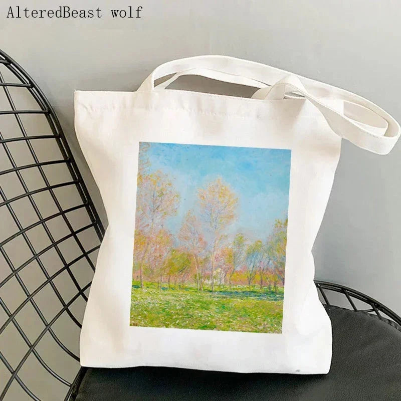 Monet Water Lilies Canvas Shoulder Bag | Sophisticated Kawaii Harajuku Shopping Tote | Elegant Art-Inspired Shopper Handbag | "Dignified" Durable Square Purse for Versatile Daily Styling Luxegan