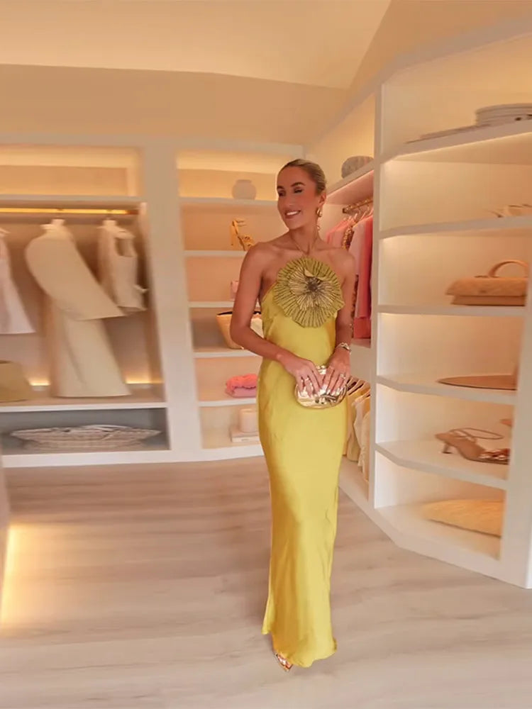 Elegant Party Women's Dress 3D Flower Halter Sleeveless Backless Mermaid Satin Female Dresses 2026 Summer Chic Evening Lady Robe