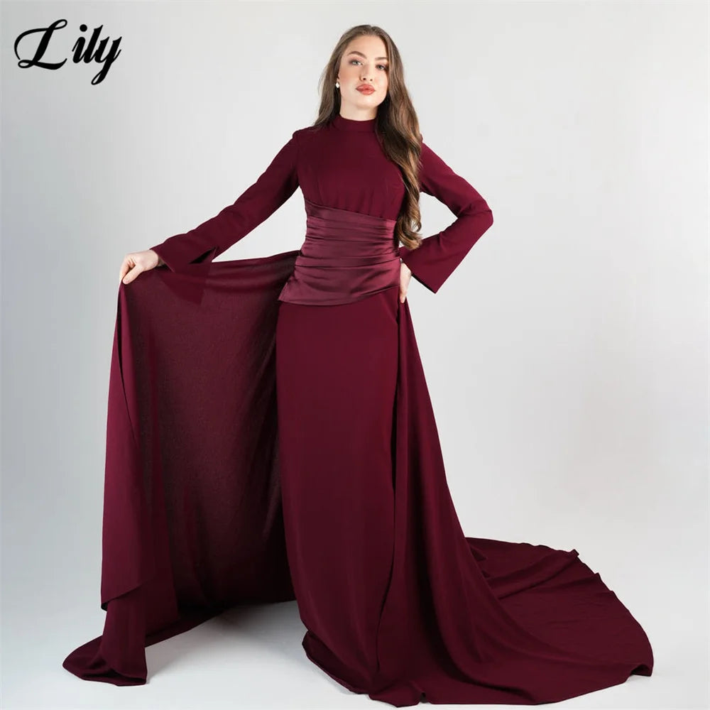 Lily Burgundy Elegant Prom Dresses High-Neck Long Sleeves Mermaid Evening Dresses Satin Muslim Formal Gowns Dubai  Customized