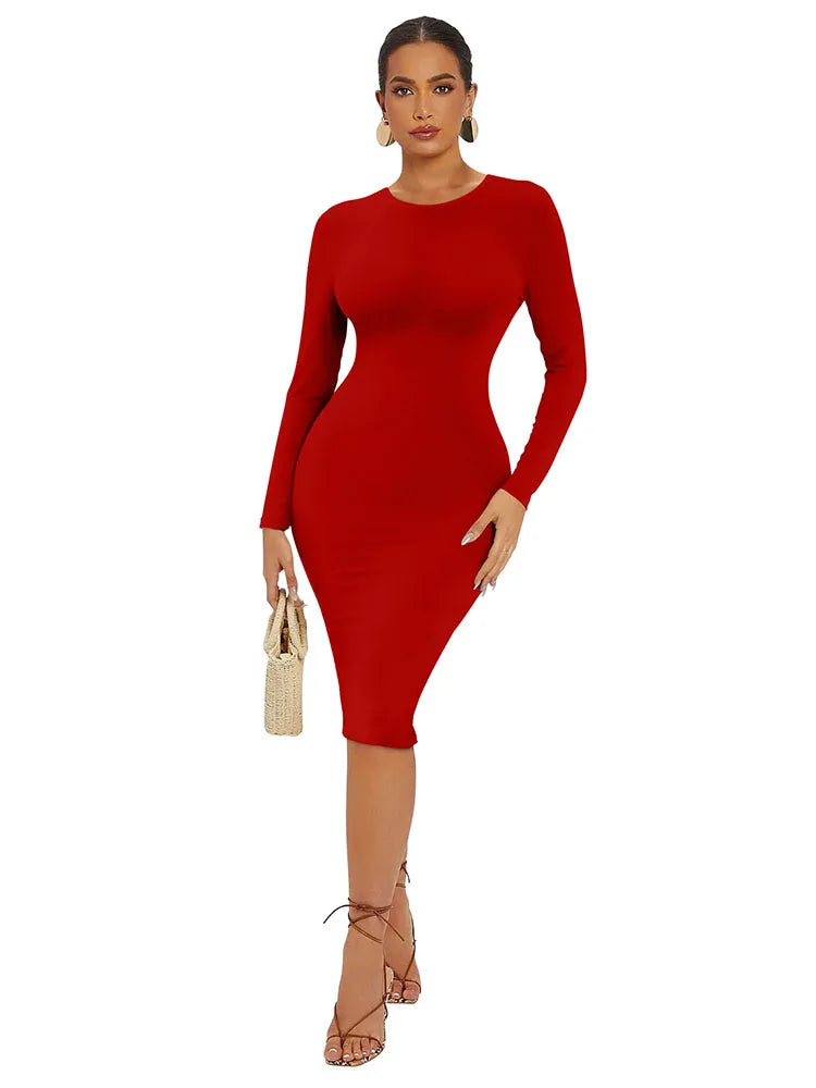 Women's Sexy Solid Color Long Sleeved Bodycon Dress | New Highly Elastic Wrapped Midi Dress | Elegant Slim Fit Wrist-Sleeve Sheath Dress | Autumn O-Neck Premium Knit Gown Model RM300 Luxegan